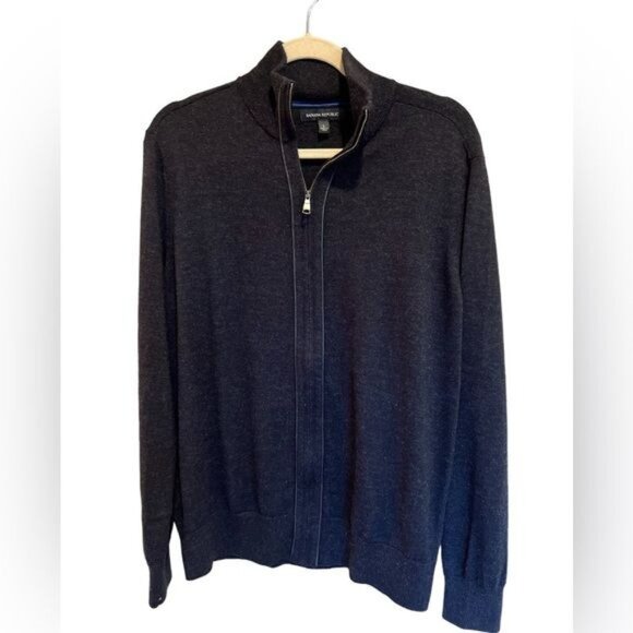 Banana Republic Men’s Sweater Size Large Wool Blend Zip Up Cardigan Leather Trim - Picture 1 of 10